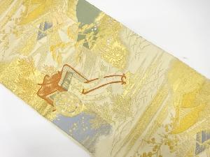 アンティーク　御所車に屋敷風景模様織り出し袋帯（着用可）